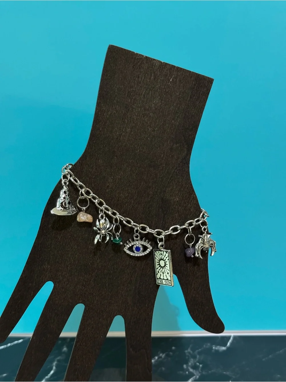 Witchy Goth Silver Charm Bracelet with Blue, Purple, Green and Peach Accents